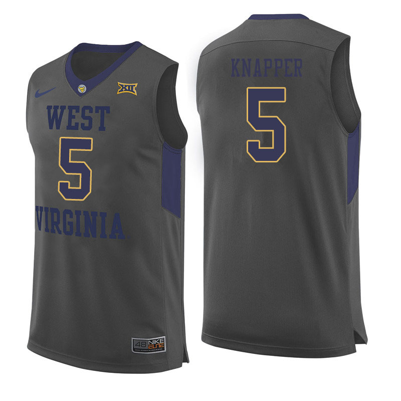 Men #5 Brandon Knapper West Virginia Mountaineers College Basketball Jerseys Sale-Gray